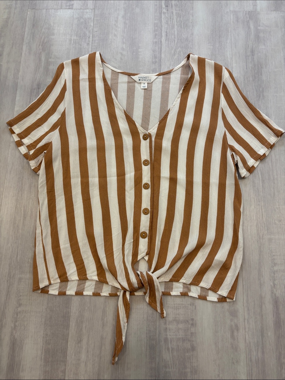 Market & Spruce Cream and Brown Vertical Stripe Tie-Front Button Shirt